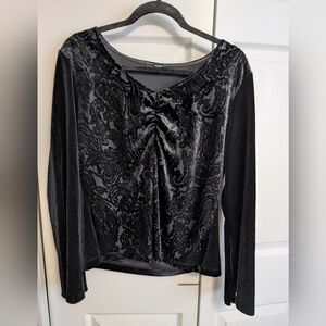 Whimsigoth XL Black Devoré Burnout Velvet Paisley Top Ruched VNeck Y2K Style